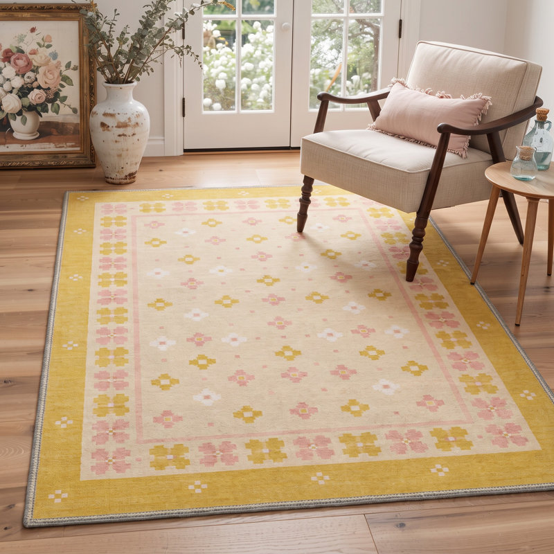 Tapis de couloir floral jaune / ivoire lavable à la machine avec envers antidérapant, Tapis de couloir 2 pi x 6 pi