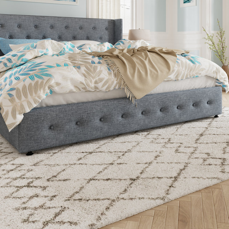 Bertile Linen Tufted Upholstered Storage Platform Bed,No Box Spring Needed,Spacious Storage Space, King, Blue Gray