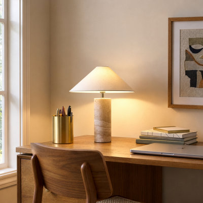 Runo 14 po Lampe de table moderne à DEL avec abat-jour tambour en tissu, base en pierre de travertin naturel