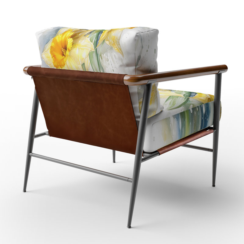 Jaune et gris Jonquilles Natures Impression I - Chaise rembourrée de style campagnard avec accoudoirs rustiques