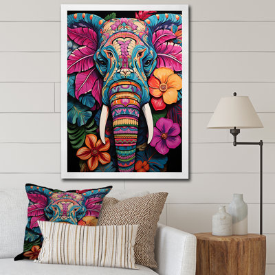 «Blue and Pink Jungle Elephant Jamboree», art mural éléphant
