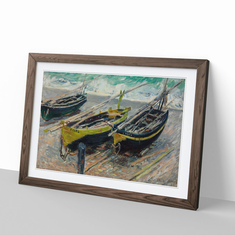 Three Fishing Boats by Claude Monet - Picture Frame Painting, Walnut, 27cm H x 36cm W x 2cm D