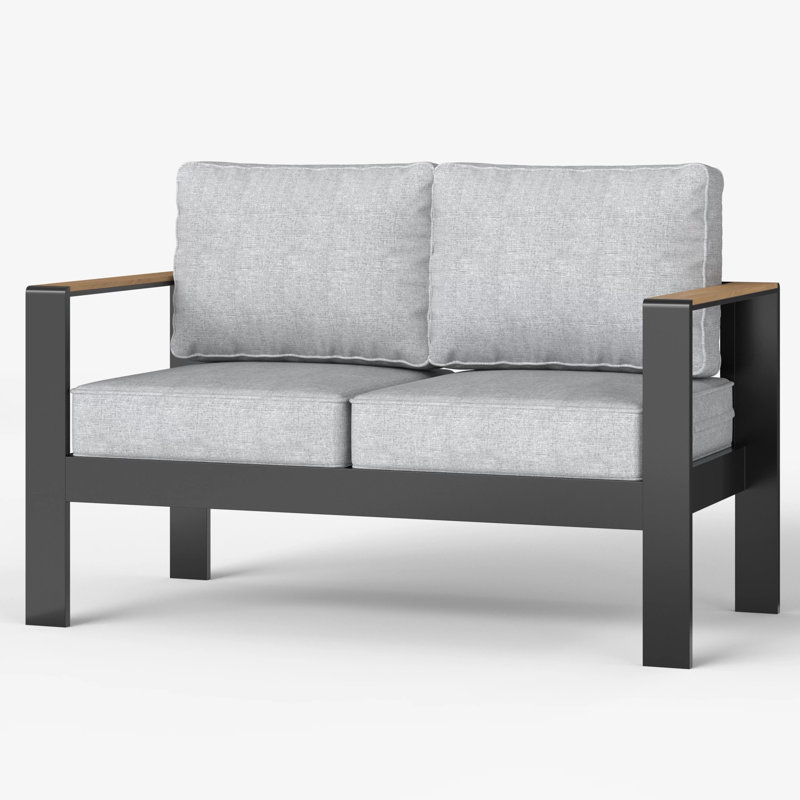 50" Wide Aluminum Outdoor Loveseat With Wood Plastic Armrest, Light Gray