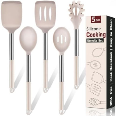 Ensemble de 5 ustensiles de cuisine en silicone résistant à la chaleur, comprenant une spatule pleine et ajourée, une cuillère et une pelle à pâtes. Parfait pour retourner les aliments dans les poêles antiadhésives. Couleur : kaki.