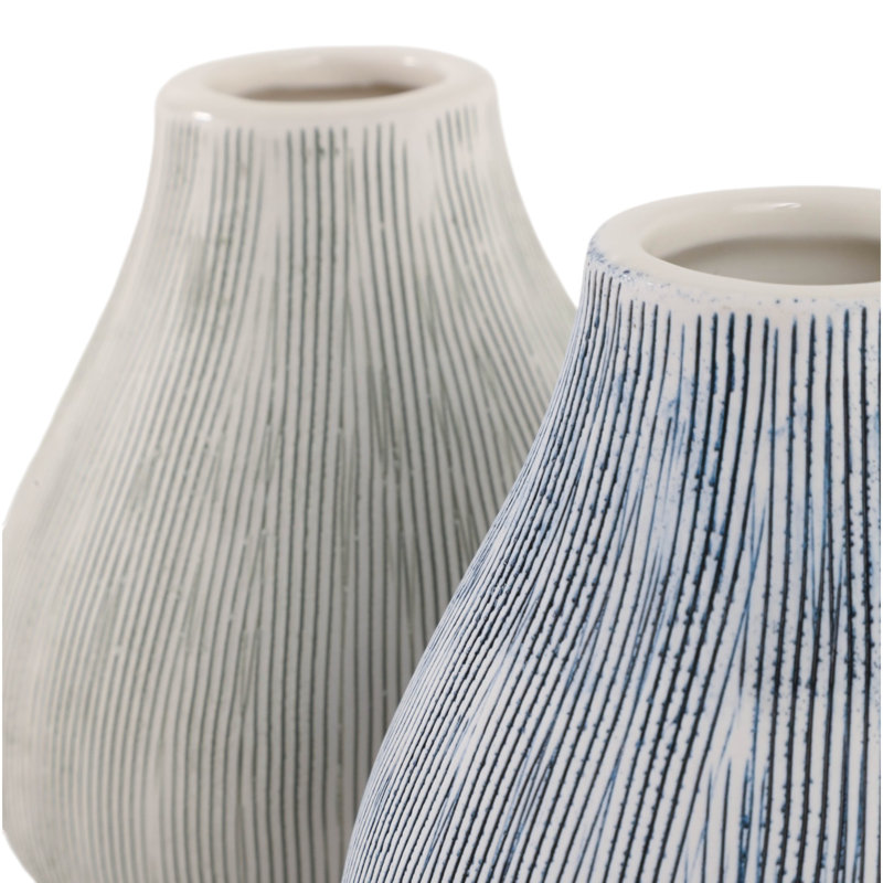 Vases hauts décoratifs en céramique gravée en forme de larme, parfaits pour la décoration intérieure - Vases artistiques pour la table du salon - Lot de 2, 12,5 cm, bleu et vert