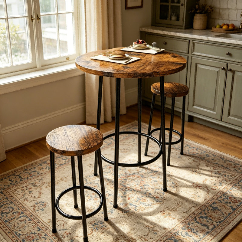 3-Piece Round Pub Table Set, Industrial Bar Height Bistro Table With 2 Backless Stools, Rustic Reclaimed Wood Finish, For Small Kitchen, Apartment & Breakfast Nook