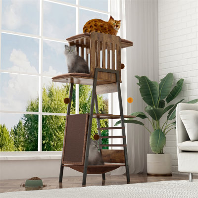 Arbre à chat moderne, tour à chat de 58 pouces pour grands chats, arbre à chat Maine Coon avec planche à gratter, grand perchoir, hamac et coussinets amovibles, rustique