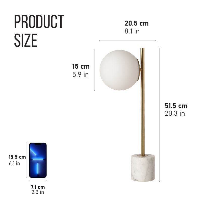 20.3’’ Modern Minimalist Table Lamp with Marble Stone Base and Moon Glass Shade, E26 Bulb Compatible – Ideal for Bedroom, Living Room, or Office