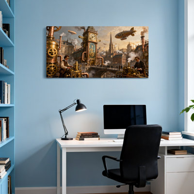 Paysage urbain fantaisiste et sci-fi Steampunk avec tour de l'horloge et dirigeables