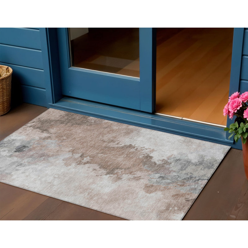 3' X 5' Brown Ivory And Gray Abstract Washable Indoor Outdoor Area Rug