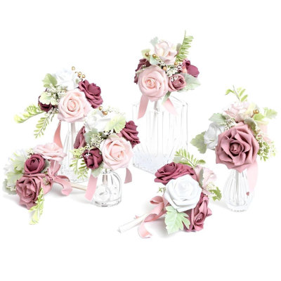 4 Bunches Pre-Made Small Floral Dusty Rose Wedding Flowers Mini Bridesmaid Bouquets For Wedding Reception Table Centerpieces And Bridesmaids
