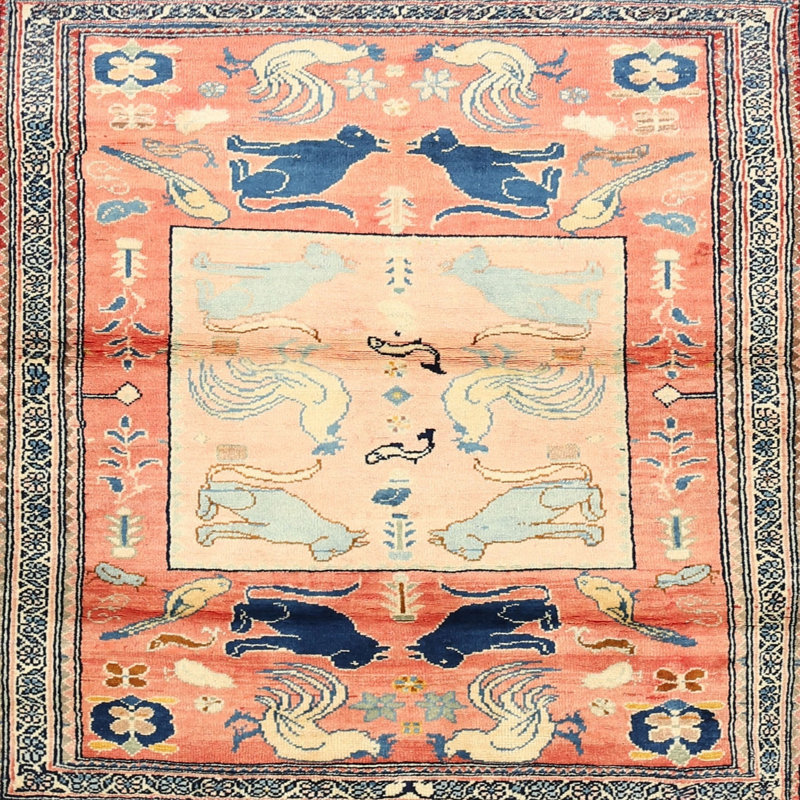 Tapis traditionnel bleu / rouge / beige, Carré 3 pi
