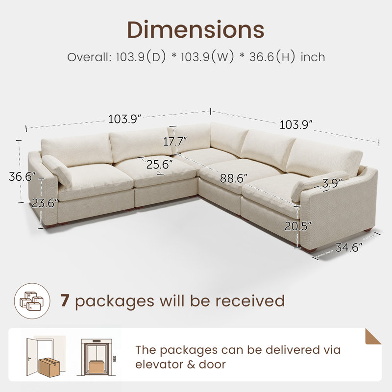 Abramson L-Shaped Corner Chenille Upholstered Sectional Cloud Sofa, White Chenille