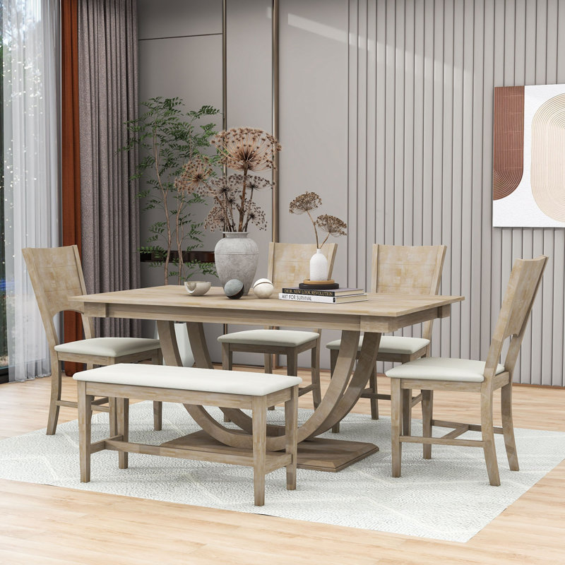 Burg 6 - Piece Pedestal Dining Set, Kitchen Table Set with Bench and 4 Dining Chairs, Natural
