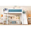 Lit mezzanine double bleu et blanc avec tablettes de rangement, glissière amovible, étapes d'installation simple, idéal pour économiser de l'espace dans la chambre à coucher