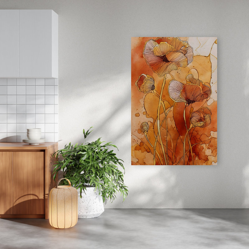 Warm Botanical Poppies Abstract Contemporary Delicate Poppy Flower Wall Art Print, 152.4cm H x 101.6cm W