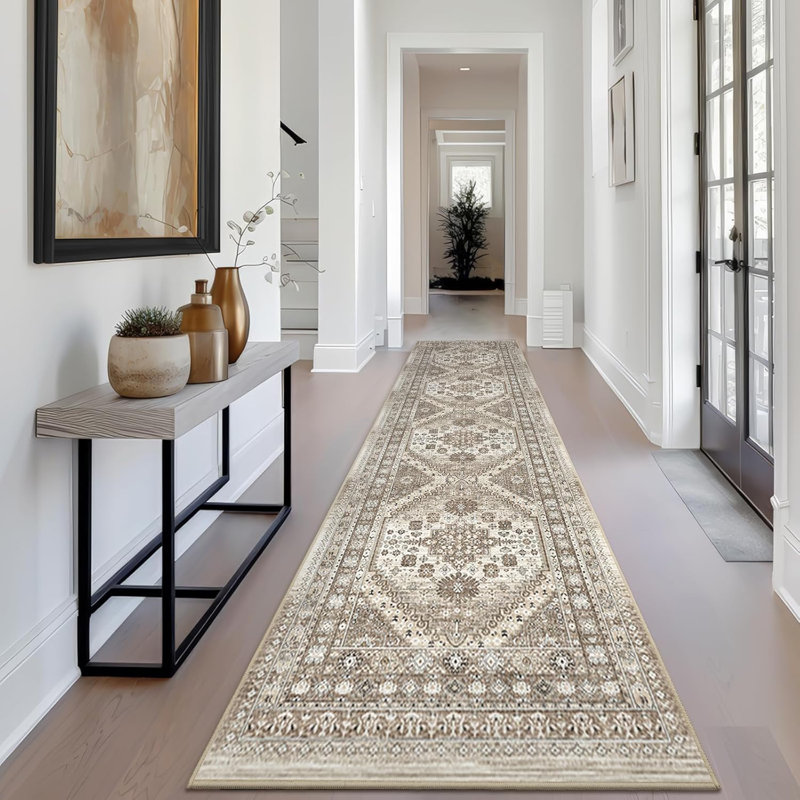 Medallion Non Slip Washable Rug(Brown), Runner 2' x 10'