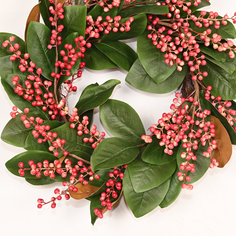 Décoration de Noël 22 po avec couronne de feuilles de magnolia, Rose