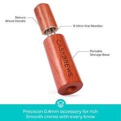 Outil de distribution d'espresso avec poignée en bois de noyer et support CASABREWS WDT, 6 aiguilles ultra-fines de 0,4 mm en acier inoxydable