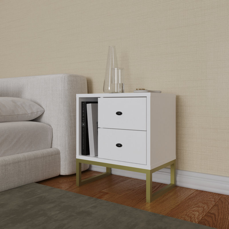 Hazer 2-Drawer Nightstand with Shelf, Metal Legs, Wood White