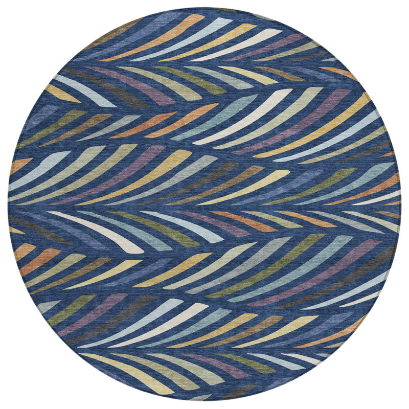 Machine Washable Indoor/Outdoor Chantille ACN2475 Mid-Century Modern Rug, Navy, 8' Round