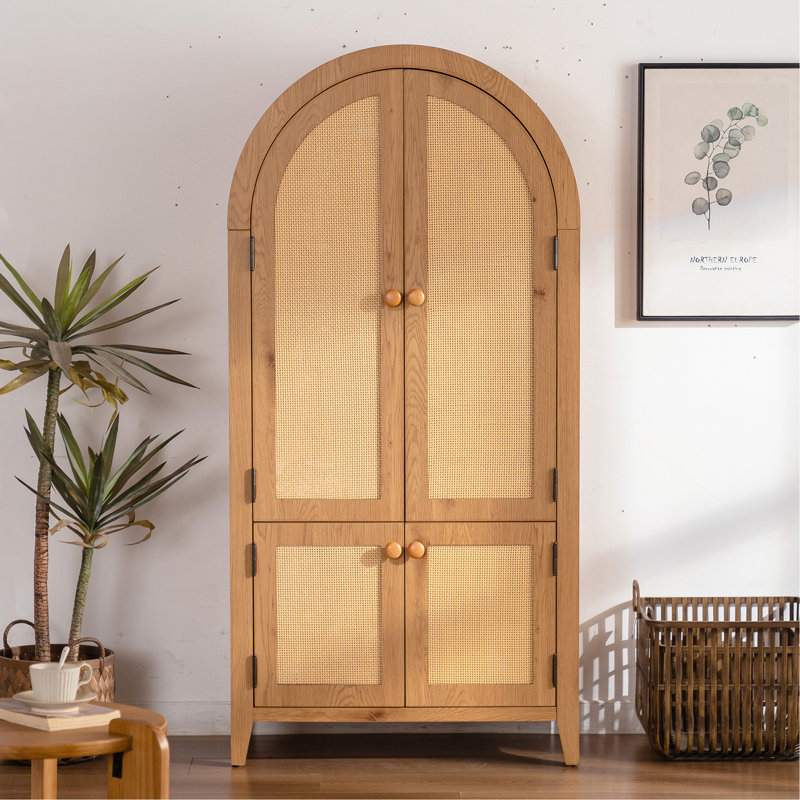 Cabinet 63. 39" Arched Kitchen Pantry, Tall Arched Bookcase Rattan Storage Cabinet With Doors Adjustable Shelves, Farmhouse Freestanding Cupboard For Bathroom, Living Room, Dining Room