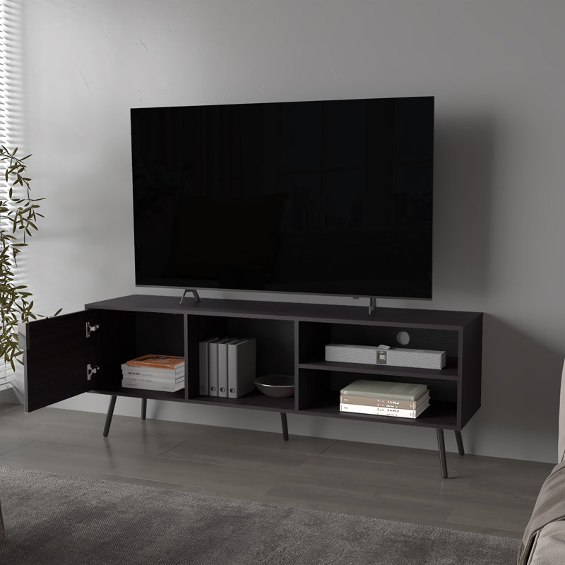 Meuble télé Mesocal avec rangement et porte ouverte, wengue sur place, Brun
