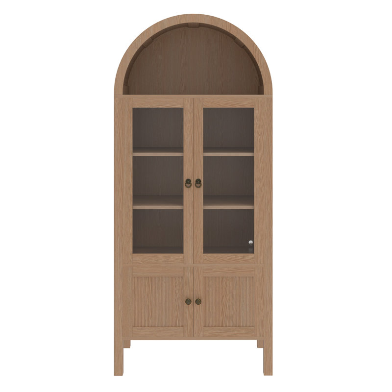 Vitrine arquée de 71 po de hauteur avec éclairage DEL, portes et tiroir, Bois naturel