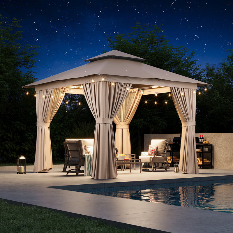 Jolydale  Outdoor Soft Top Gazebo with Double Roof, Canopy Gazebo with Mosquito Netting and Curtains, Suitable for Patios, Lawn and Backyard