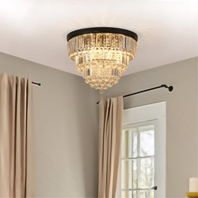 20" Luxury Crystal Flush Mount Ceiling Light with Black Finish – Elegant 6-Light Chandelier for Living Room, Dining Room, or Bedroom (Bulb Not Included)