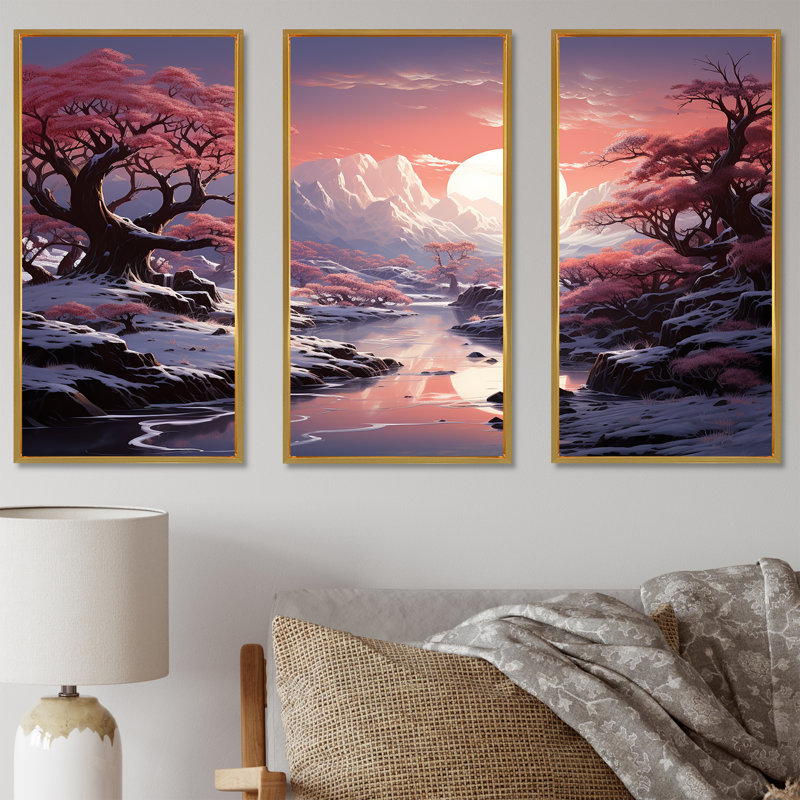 «Kawaii Winter Landscape Sunrise I», ensemble d'art sur toile, Cadre flottant doré, H 28 po x l 36 po x P 1 po
