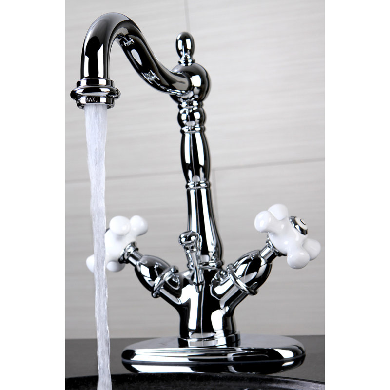 Kingston Brass Heritage Two-Handle 1-or-3 Hole Deck Mount Bathroom Faucet with Brass Pop-Up, Polished Chrome