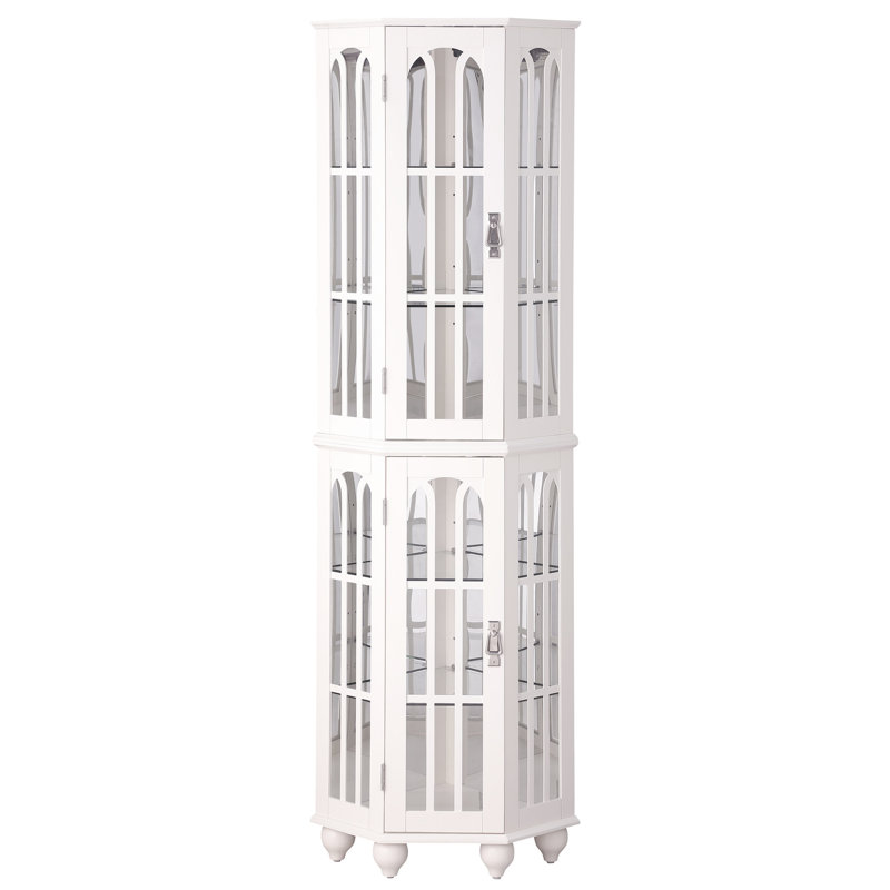 Corner Curio Cabinet With Lighting System & 4 Adjustable Shelves, White Glass Shelves Lighting, , Solid Wood, White
