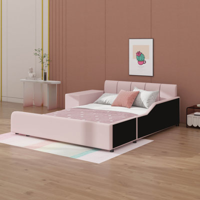 Upholstered Grounded Bed, Mother & Child Bed With Bedside Desk And Little Round Stool, Upholstered Platform Bed Frame