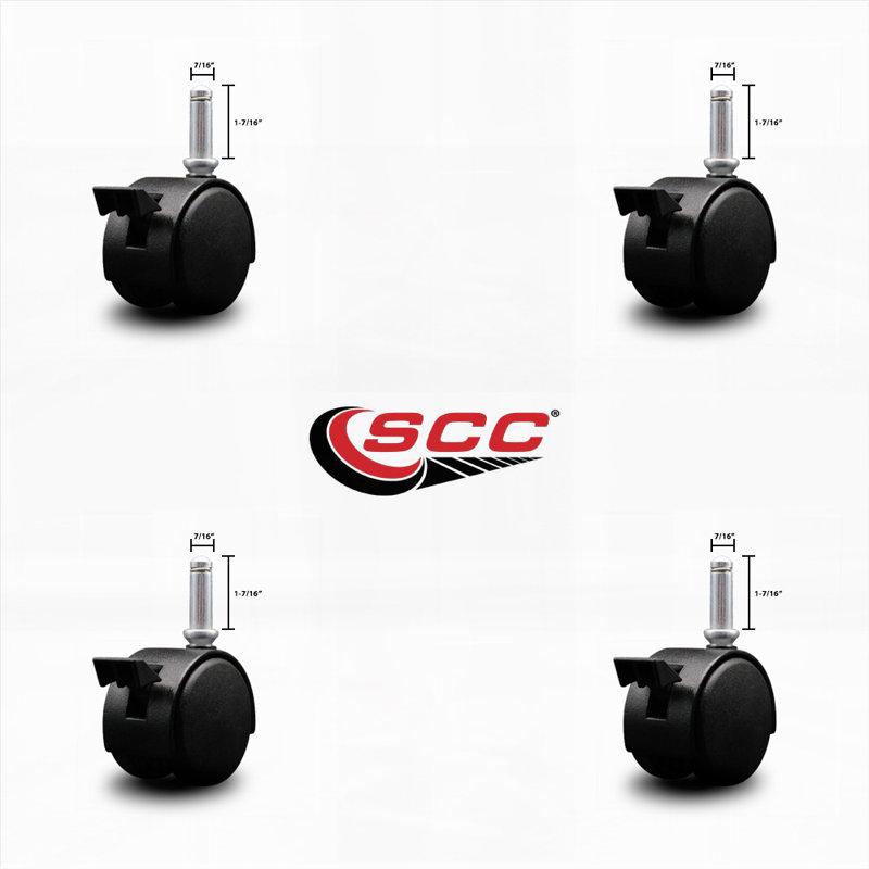 2 Inch Black Metal Hood Twin Caster with Brake Nylon Wheels Grip Ring Stem Set 4