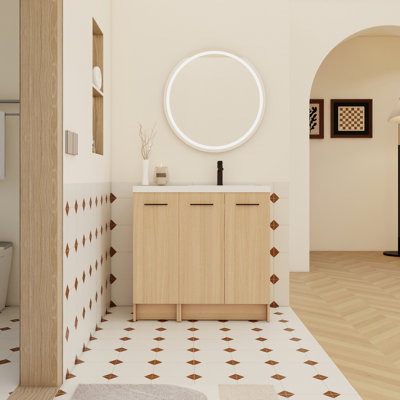 36" Modular Freestanding Bathroom Vanity With 36" Resin Sink Top, Light Oak, 2-Piece Cabinet (24" 2-Door + 12" 1-Door), KD Cabinet, Includes Black & Brushed Aluminum Handles
