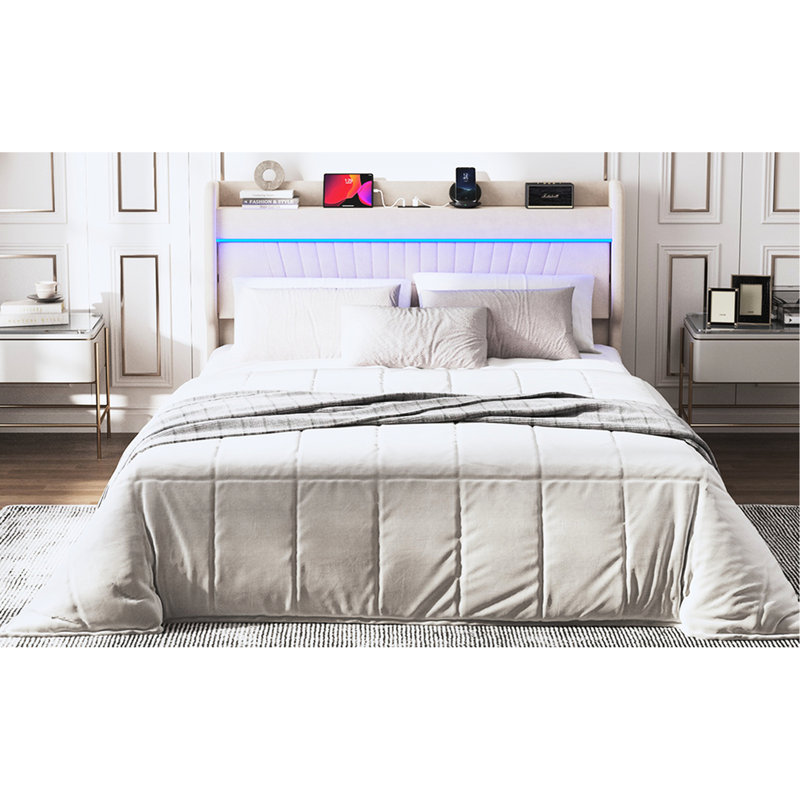 Storage Bed Frame Queen Size: Upholstered Headboard, 4 Drawers, Led Lights, Charging, Stable Structure Beige With & Charging Station: Easy Assembly