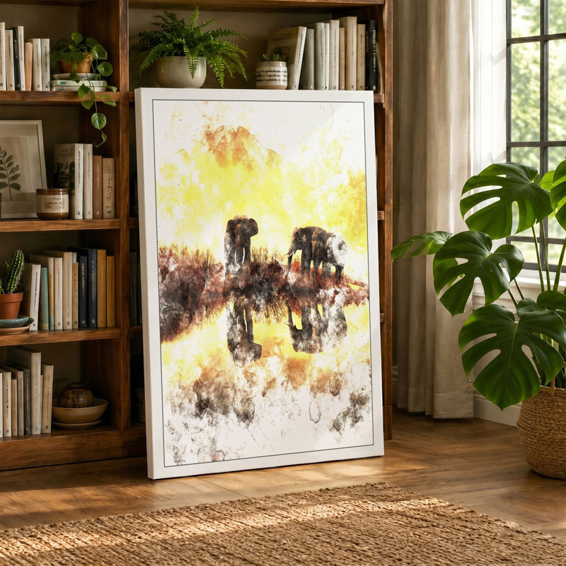 Elephants In Mist Minimalist - Print, 30x20 - 76.2 x 50.8 cm, Black Border