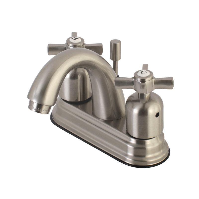 Kingston Brass Millennium Two-Handle 3-Hole Deck Mount 4" Centerset Bathroom Faucet with Plastic Pop-Up, Brushed Nickel