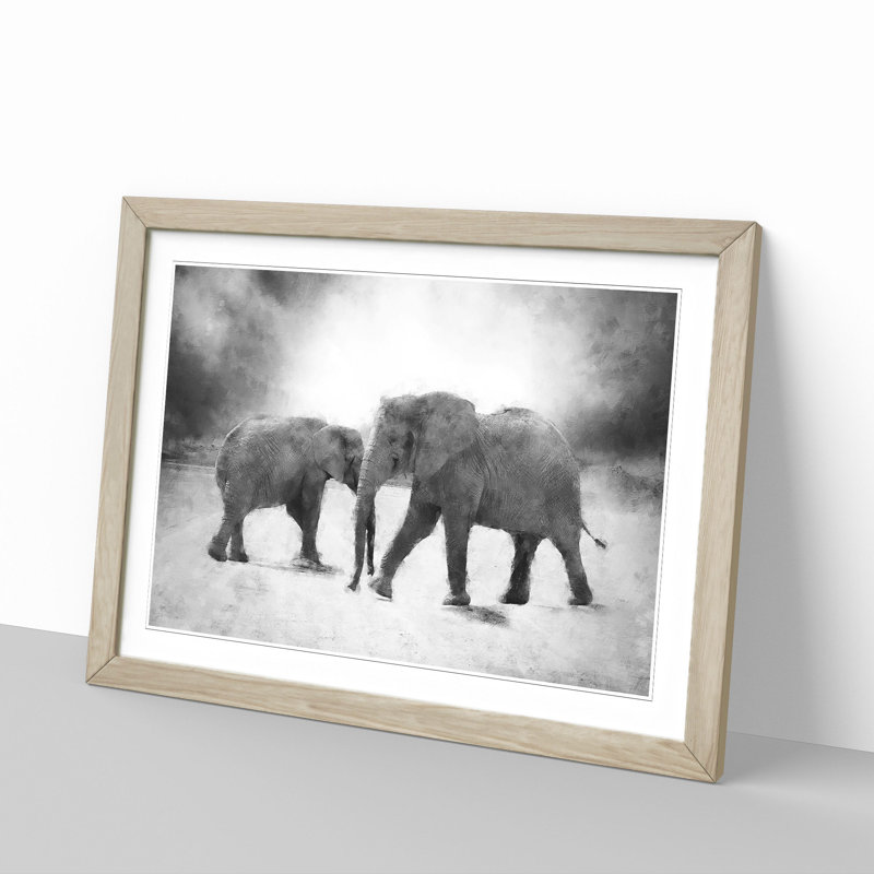 Elephants Crossing Paths - Picture Frame Graphic Art Print, 45cm H x 63cm W x 2cm D, Oak Framed