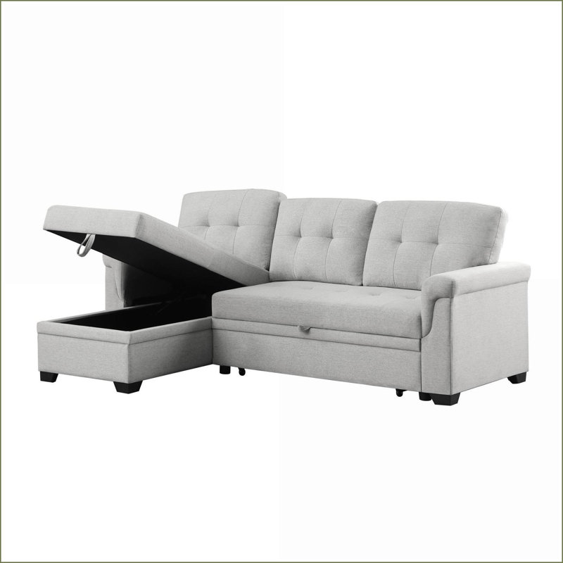 Sectional Sofas 84” Modern Light Gray Linen Reversible Sleeper with Storage Chaise | Light Gray | Sleeper, Left Hand Facing