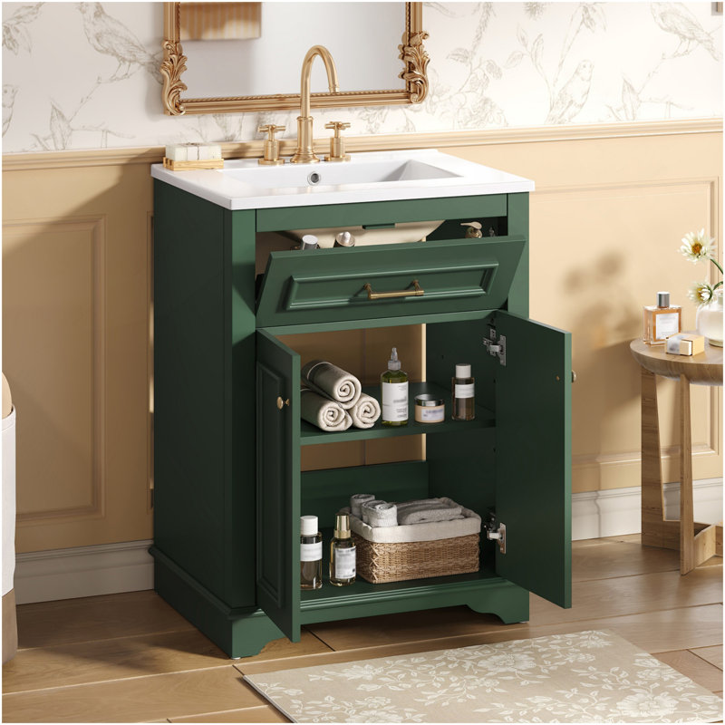 24" Bathroom Vanity With Integrated Ceramic Sink, Bathroom Cabinet With 2 Doors, 1 Tip-Out Drawer, Single Sink Bathroom Vanity For Small And Medium Restroom, Green