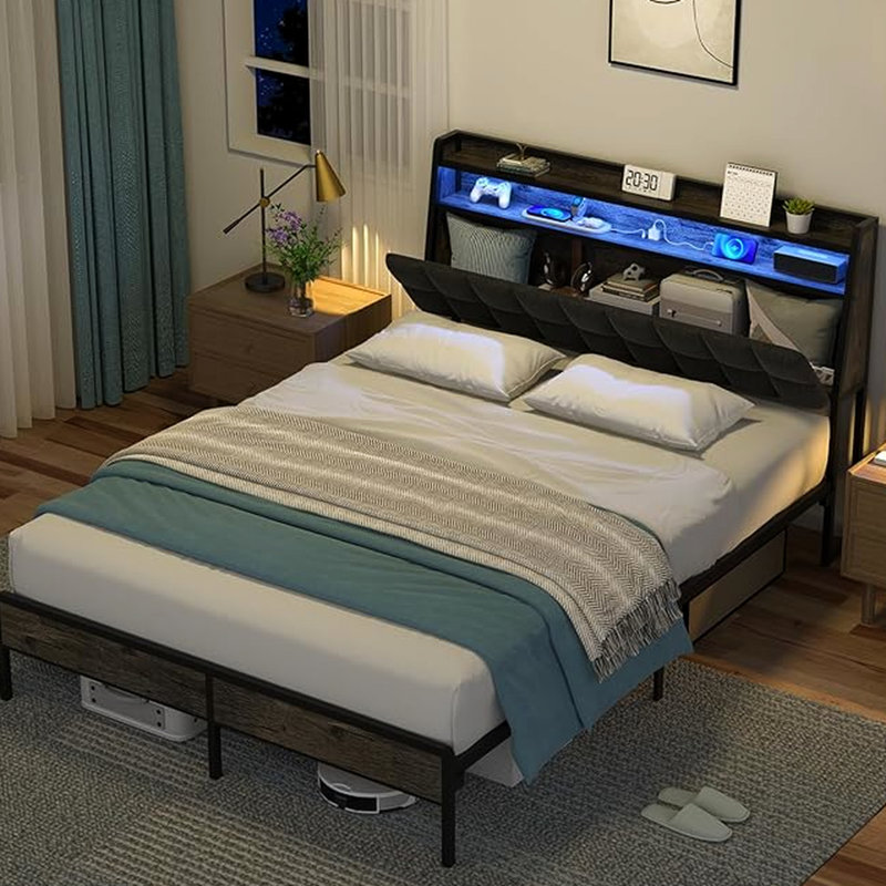 Base de lit pleine grandeur en métal, tête de lit ergonomique, rangement multifonctionnel, système d'éclairage à DEL, prises de recharge, pièce maîtresse de chambre moderne