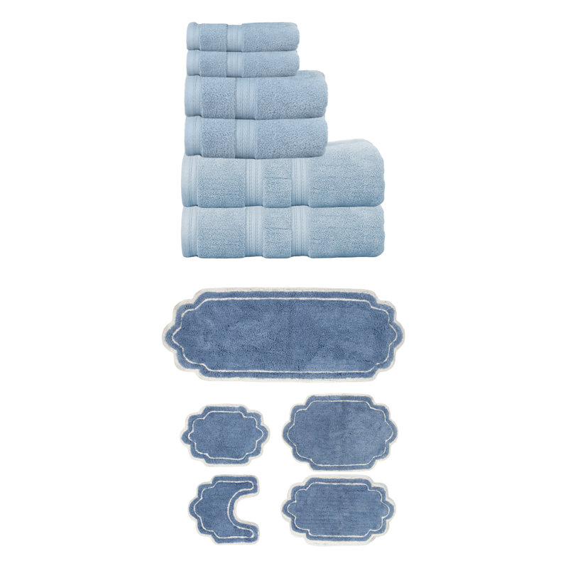 Talbert Collection 100% Soft Cotton 6 Pc Towel Set & 5 Pc Bath Rug Set, (Set of 11), Blue
