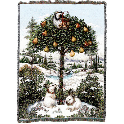 Couverture Pure Country Weavers « Perdrix dans un poirier » par Lynn Bywaters - Tapisserie de Noël tissée en coton - Fabriquée aux États-Unis (72 x 54) - Motif d'oiseaux et de lapins