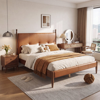 Bellford Modern Neoclassical Upholstered Platform Bed with PU Tufted Headboard, Solid & Manufactured Wood Frame, No Box Spring Needed