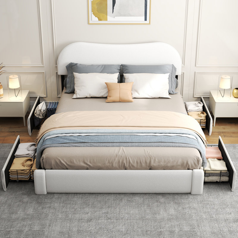 Boucle Upholstered Bed Frame with Headboard, Modern Bed Frame with 4 Underbed Drawers, No Spring Needed, Rounded Corners
