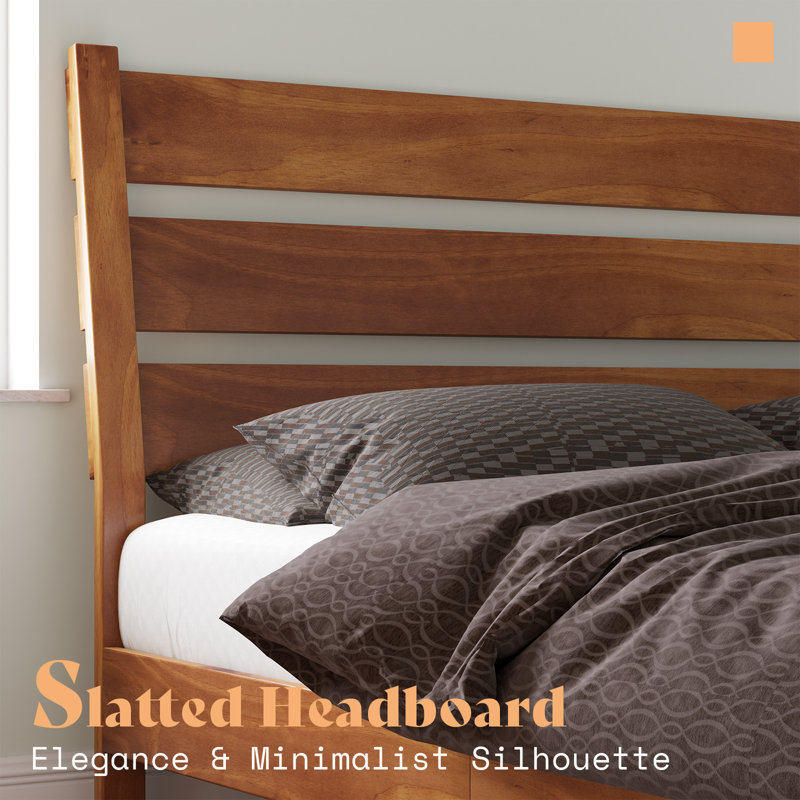 Full Size Light Brown Pine Wood Bed Frame with Slatted Headboard