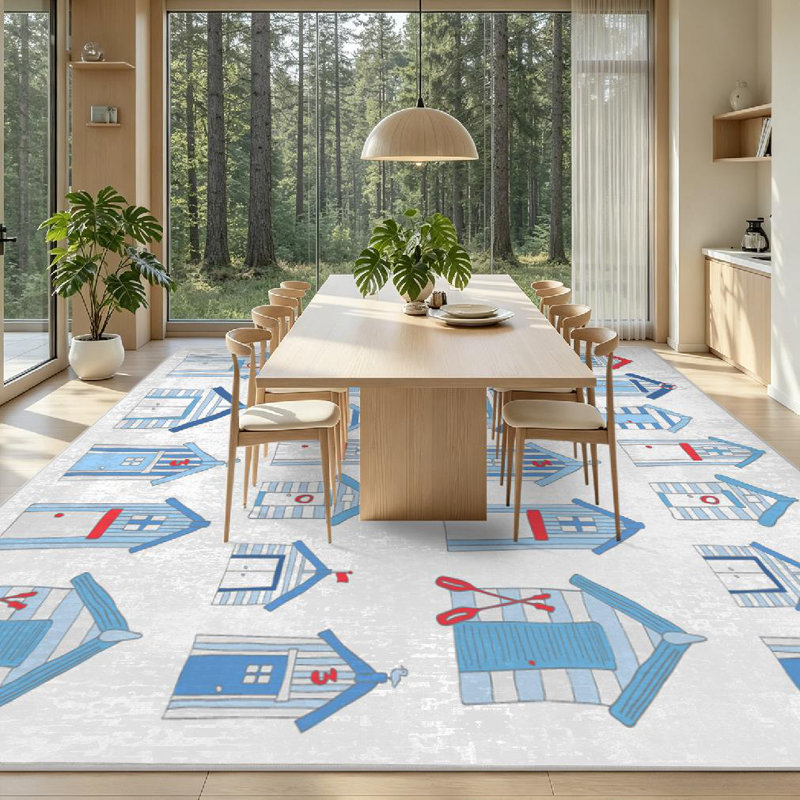 Blue Drawn Red Beach Seaside British Cute Sea White Wooden Architecture Machine Washable Indoor Area Rug