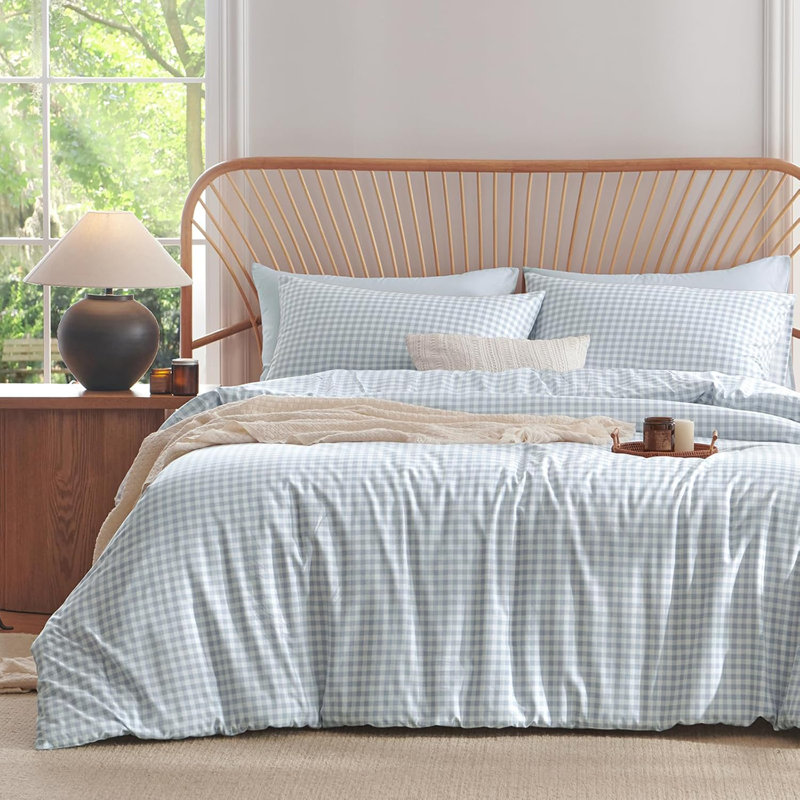 Ensemble d'édredon en vichy rose bleu et bleu, Bleu, Édredon simple + 1 taie d'oreiller standard